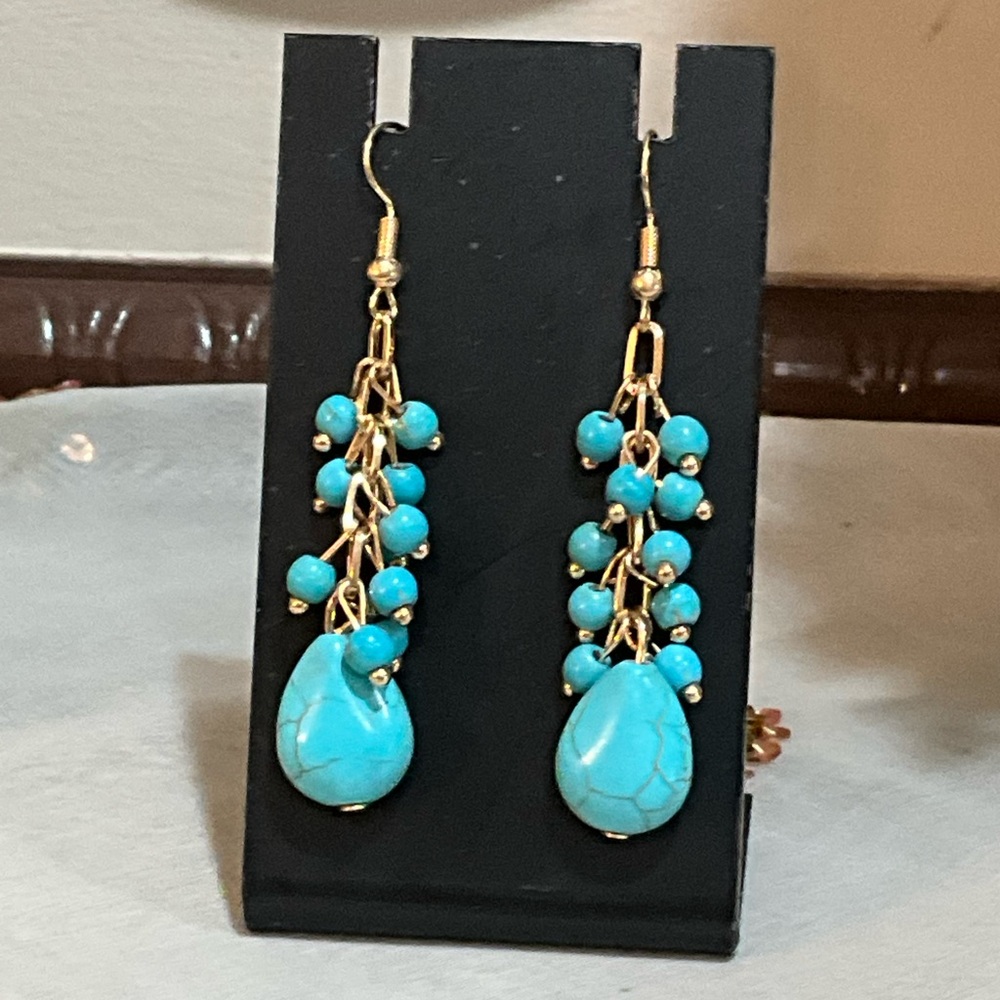 Turquoise and Gold Dangle Earrings - Picture 3 of 6
